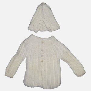 Vintage 80s Hand Knit Baby Cardigan Sweater and Hat Set w/ Pearl Heart Buttons